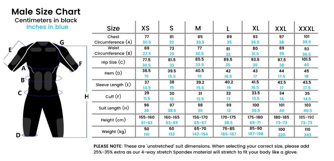 Male EMS suit size chart