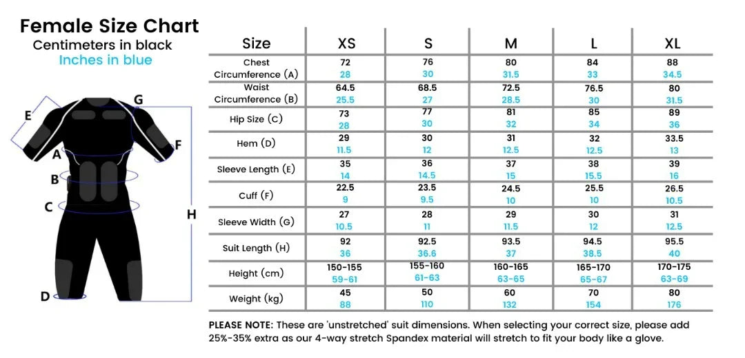 Female EMS suit size chart